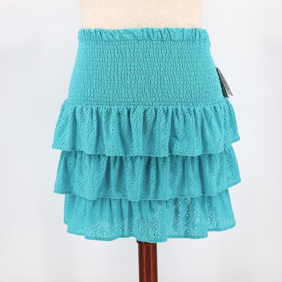 Michael Kors Women Turquoise Eyelet Jersey Preppy Tiered Mini Skirt Size L - Picture 1 of 3